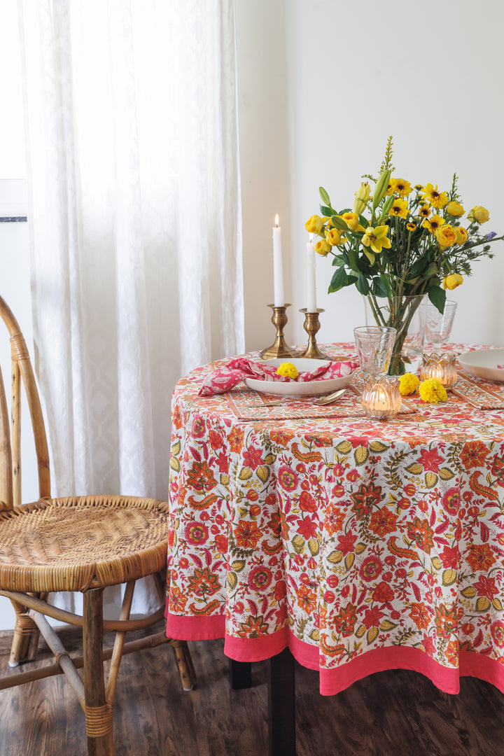 Orange Blossom Round tablecloth - 6 seater round block print table cloth -  74 inches