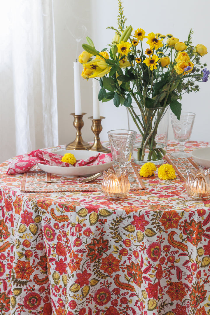 Orange Blossom Round tablecloth - 6 seater round block print table cloth -  74 inches