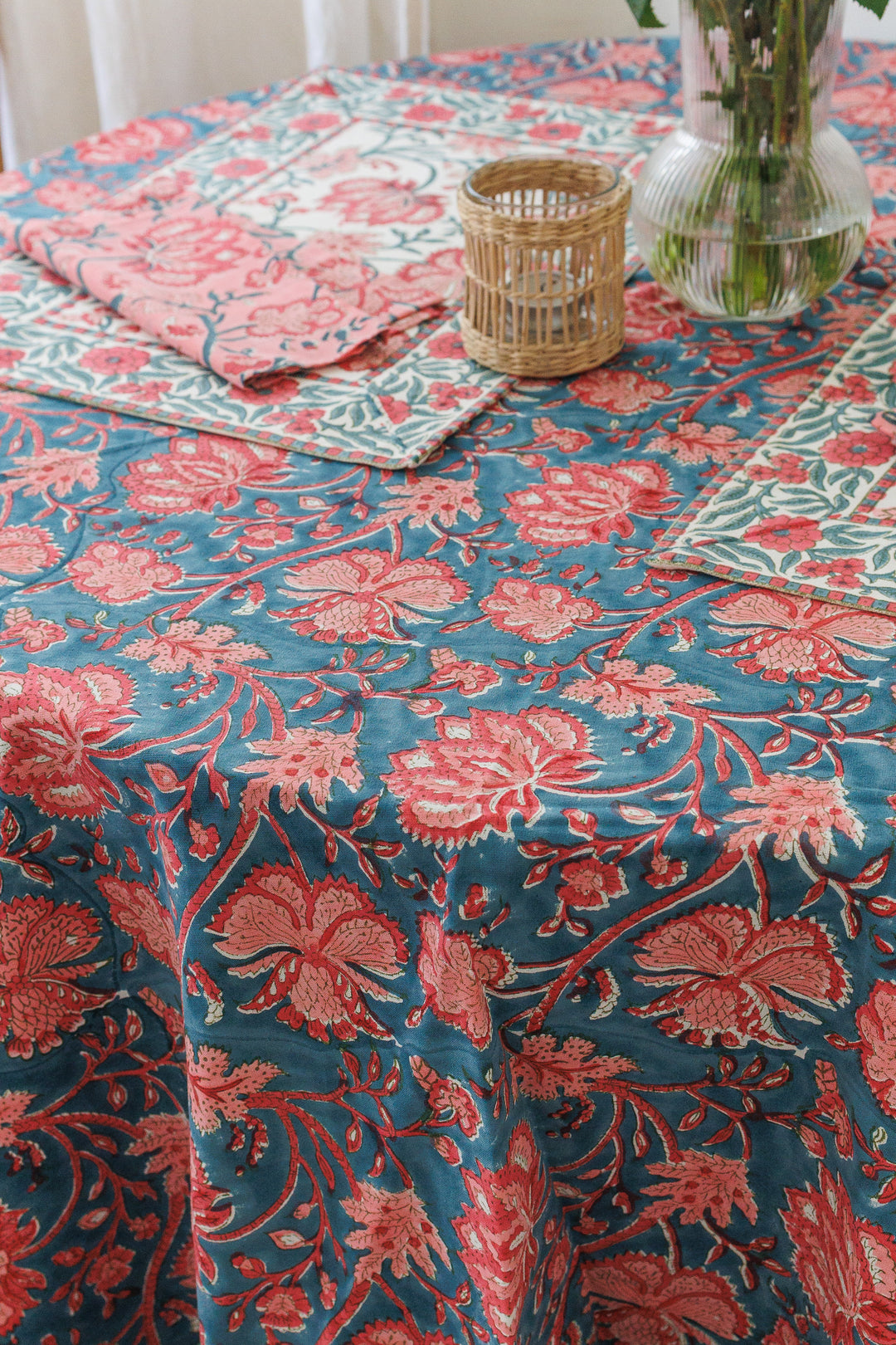 Blushing Bloom Round tablecloth - 6 seater round block print table cloth -  74 inches