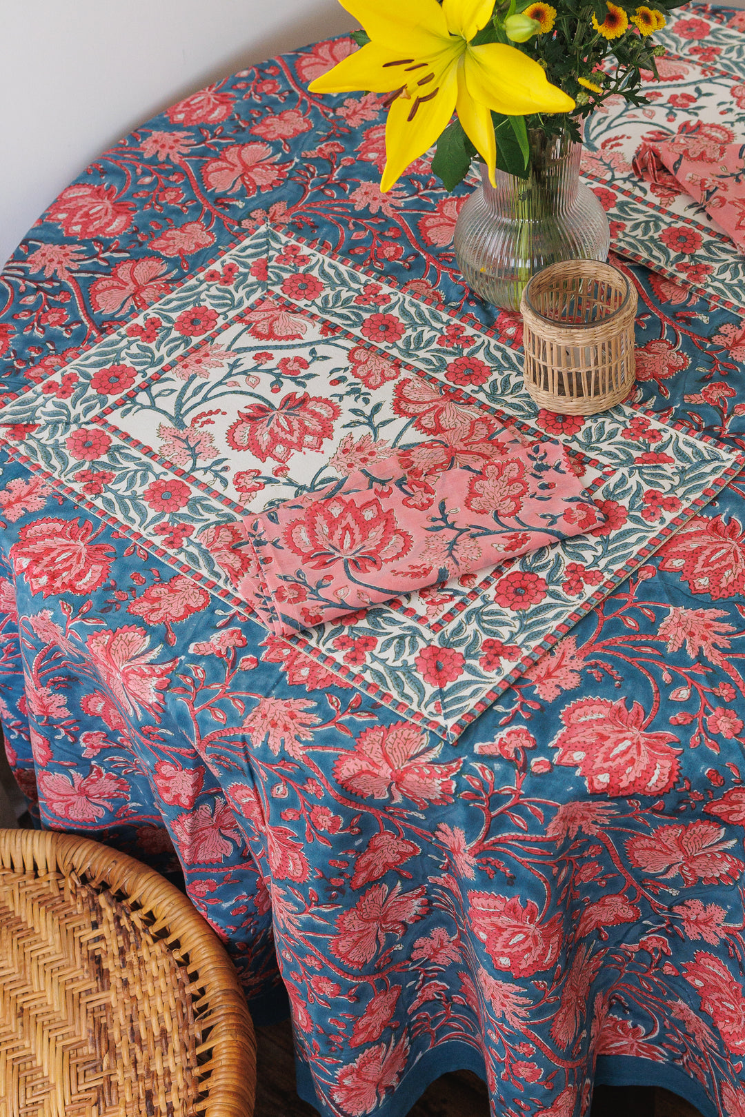 Blushing Bloom Round tablecloth - 6 seater round block print table cloth -  74 inches