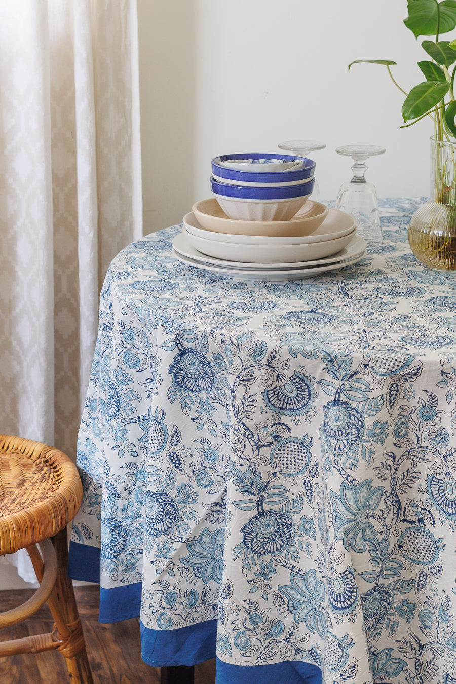 Light blue Round tablecloth - 6 seater block print table cloth - Norway Round table cover - 72 inches diameter