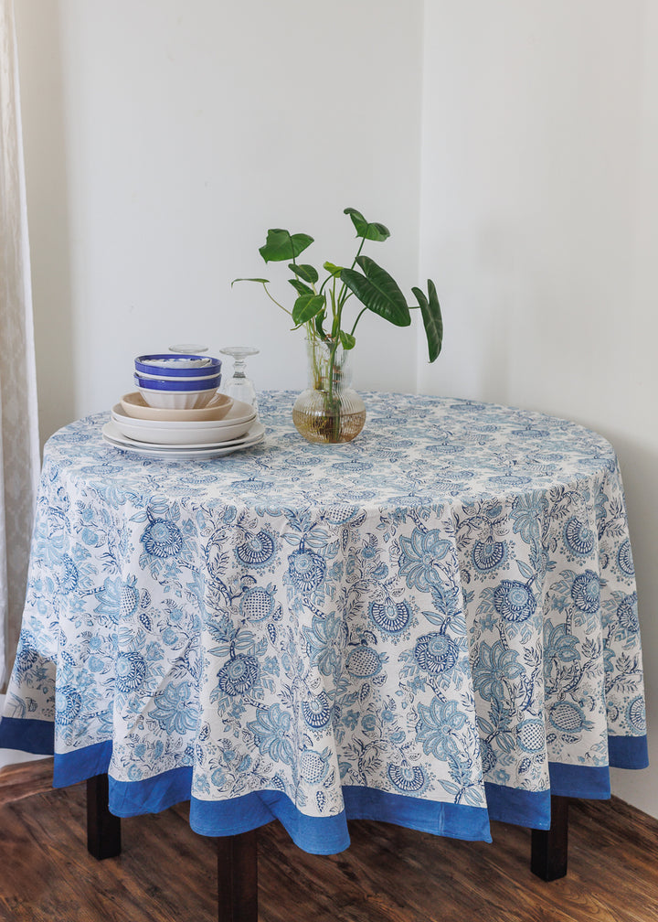 Light blue Round tablecloth - 6 seater block print table cloth - Norway Round table cover - 72 inches diameter