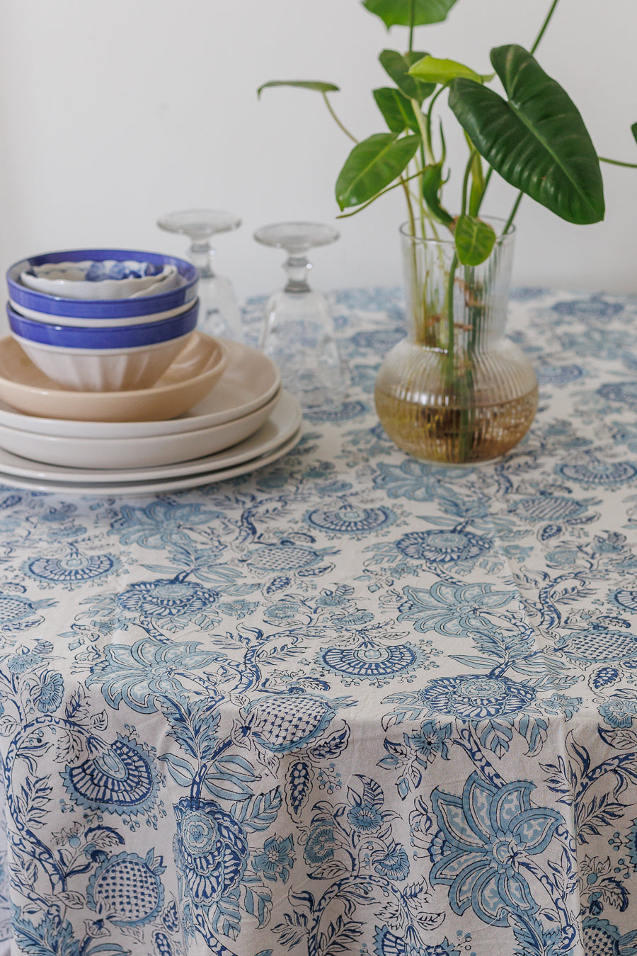 Light blue Round tablecloth - 6 seater block print table cloth - Norway Round table cover - 72 inches diameter