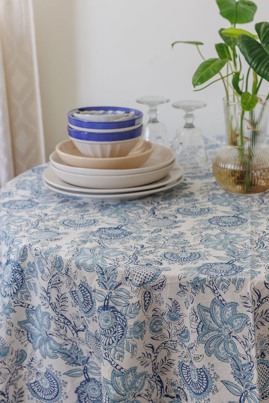 Light blue Round tablecloth - 6 seater block print table cloth - Norway Round table cover - 72 inches diameter