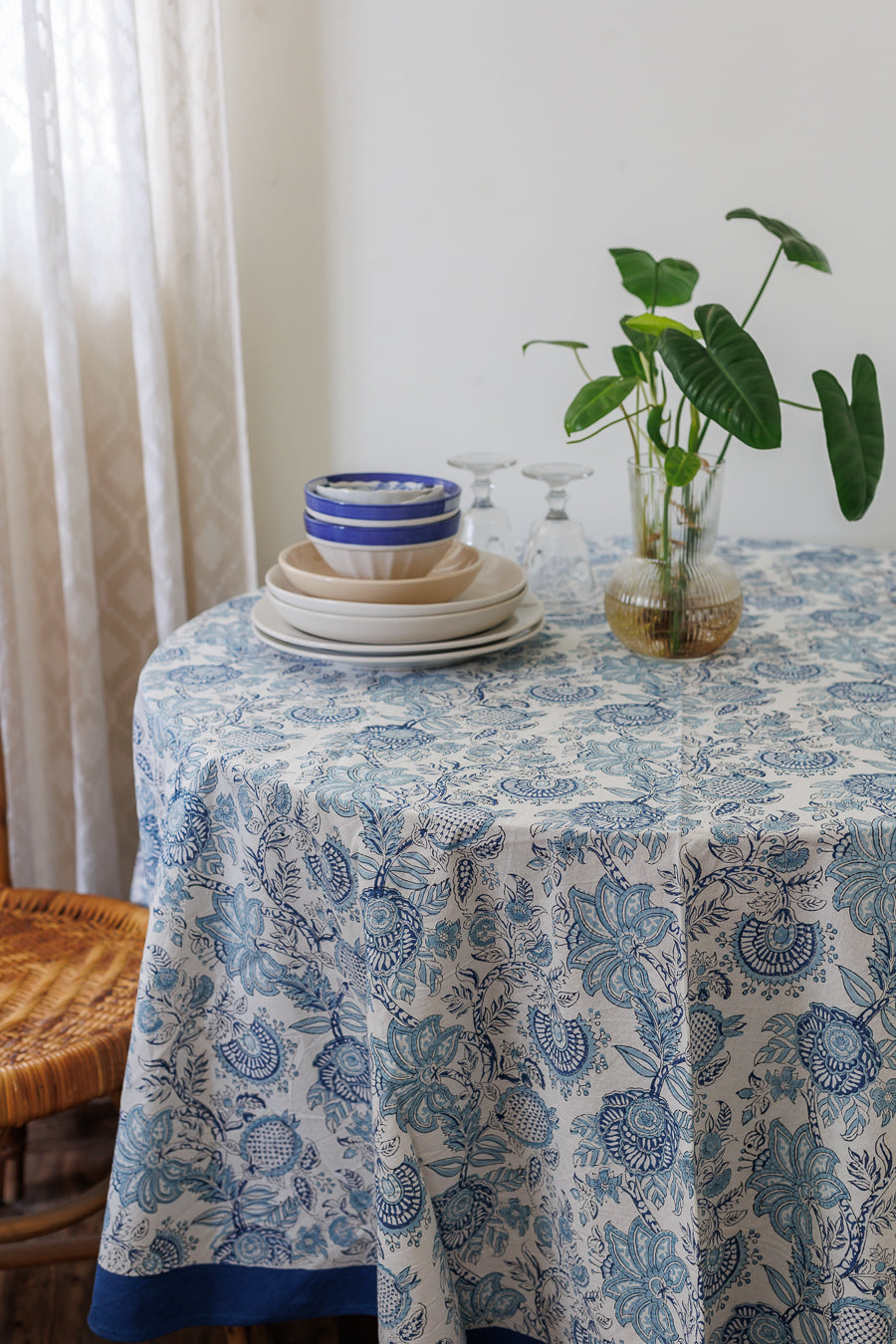 Light blue Round tablecloth - 6 seater block print table cloth - Norway Round table cover - 72 inches diameter