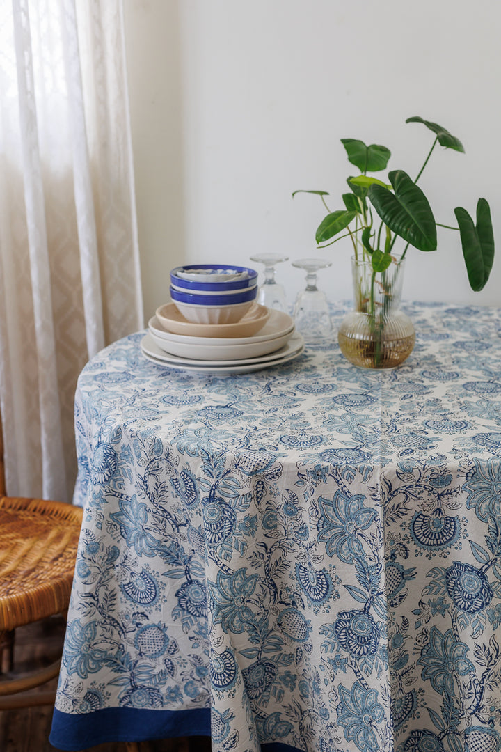 Light blue Round tablecloth - 6 seater block print table cloth - Norway Round table cover - 72 inches diameter