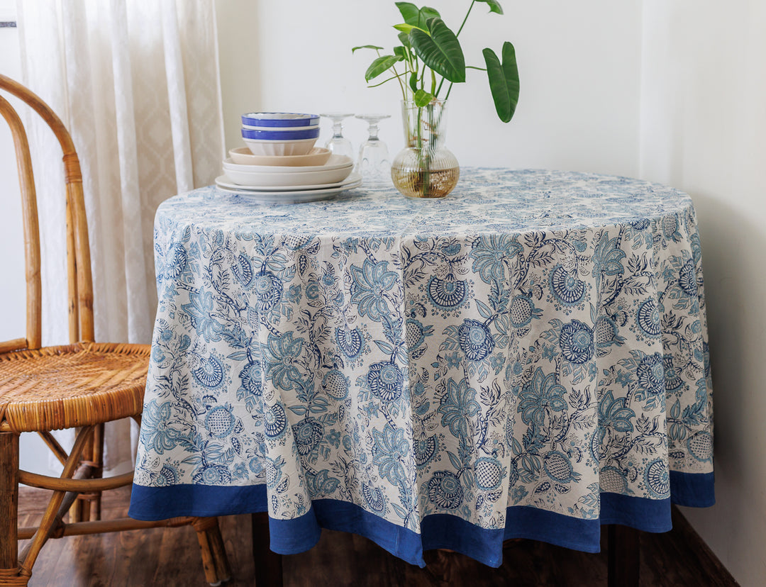 Light blue Round tablecloth - 6 seater block print table cloth - Norway Round table cover - 72 inches diameter