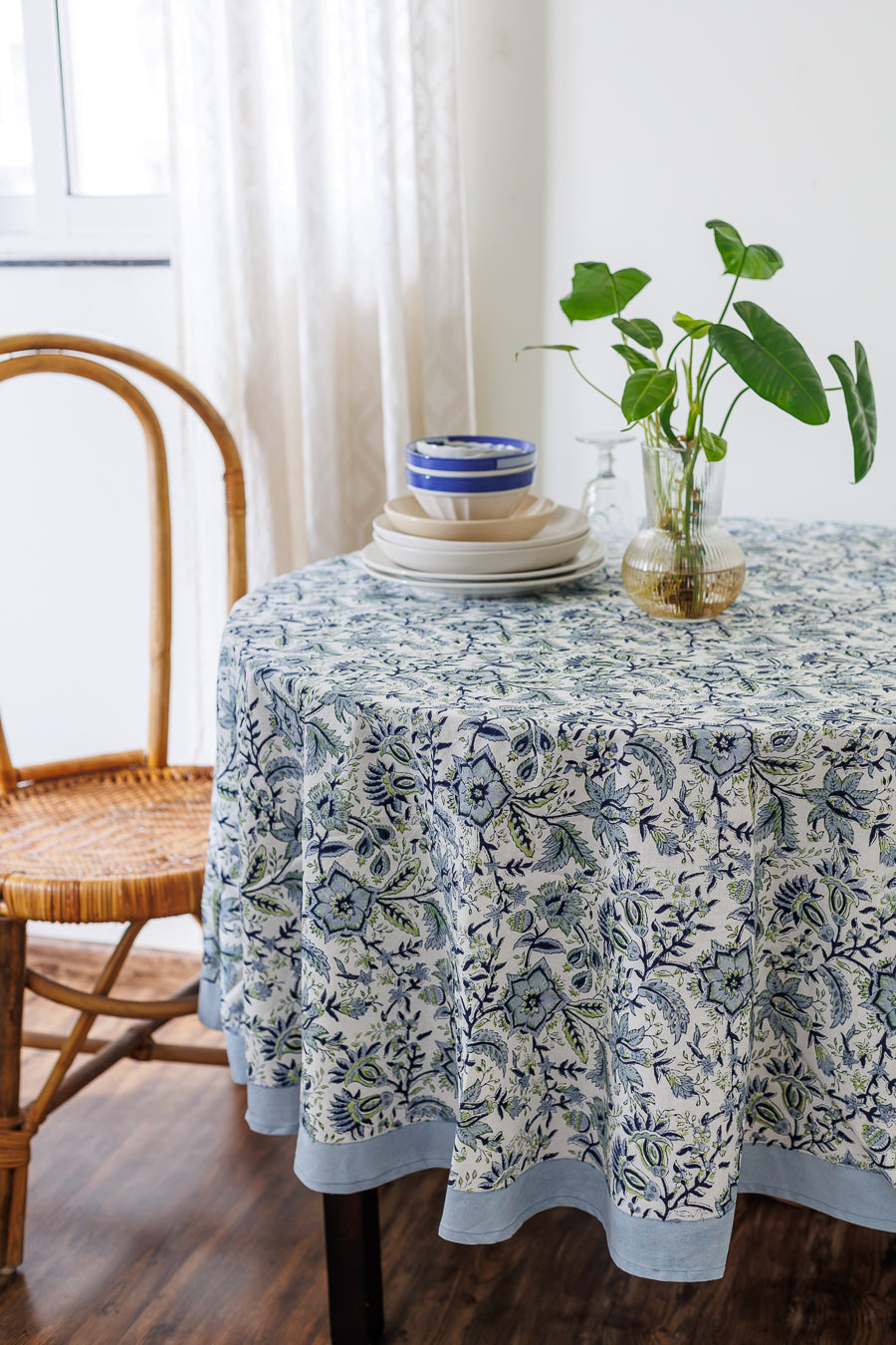 Blooming Meadows Round tablecloth - 6 seater round block print table cloth -  74 inches