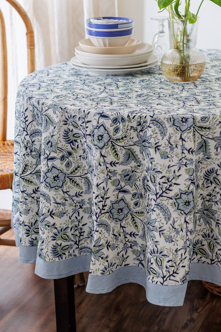 Blooming Meadows Round tablecloth - 6 seater round block print table cloth -  74 inches