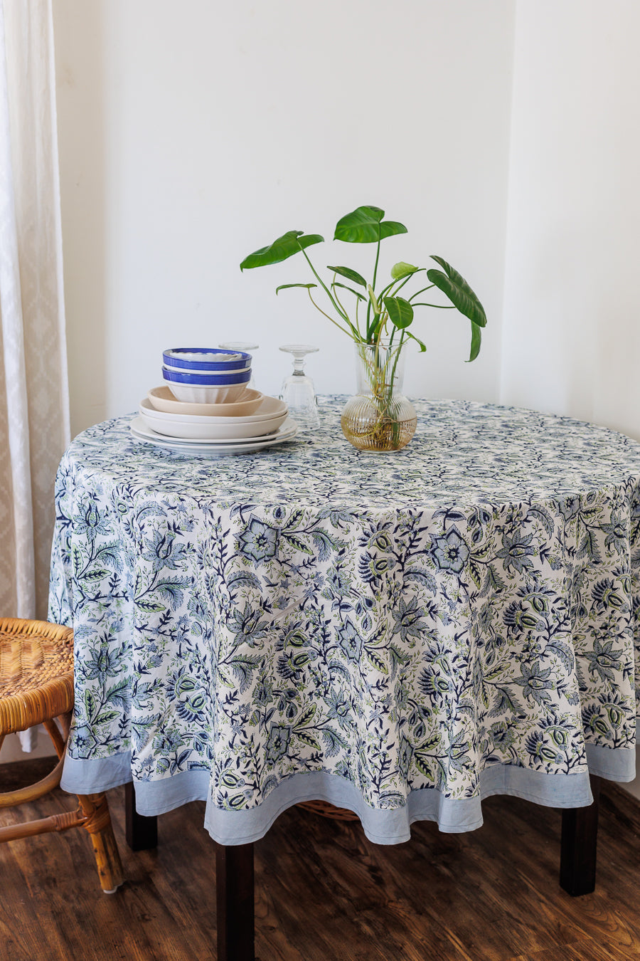 Blooming Meadows Round tablecloth - 6 seater round block print table cloth -  74 inches