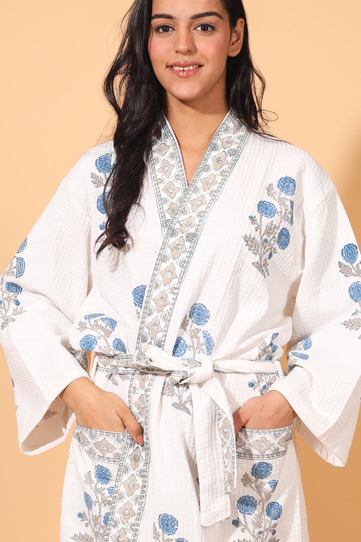 Block print Waffle Cotton bath robes for women - Blue Floral