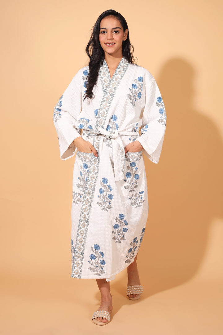 Personalized Block print Waffle Cotton bath robes for women - Blue