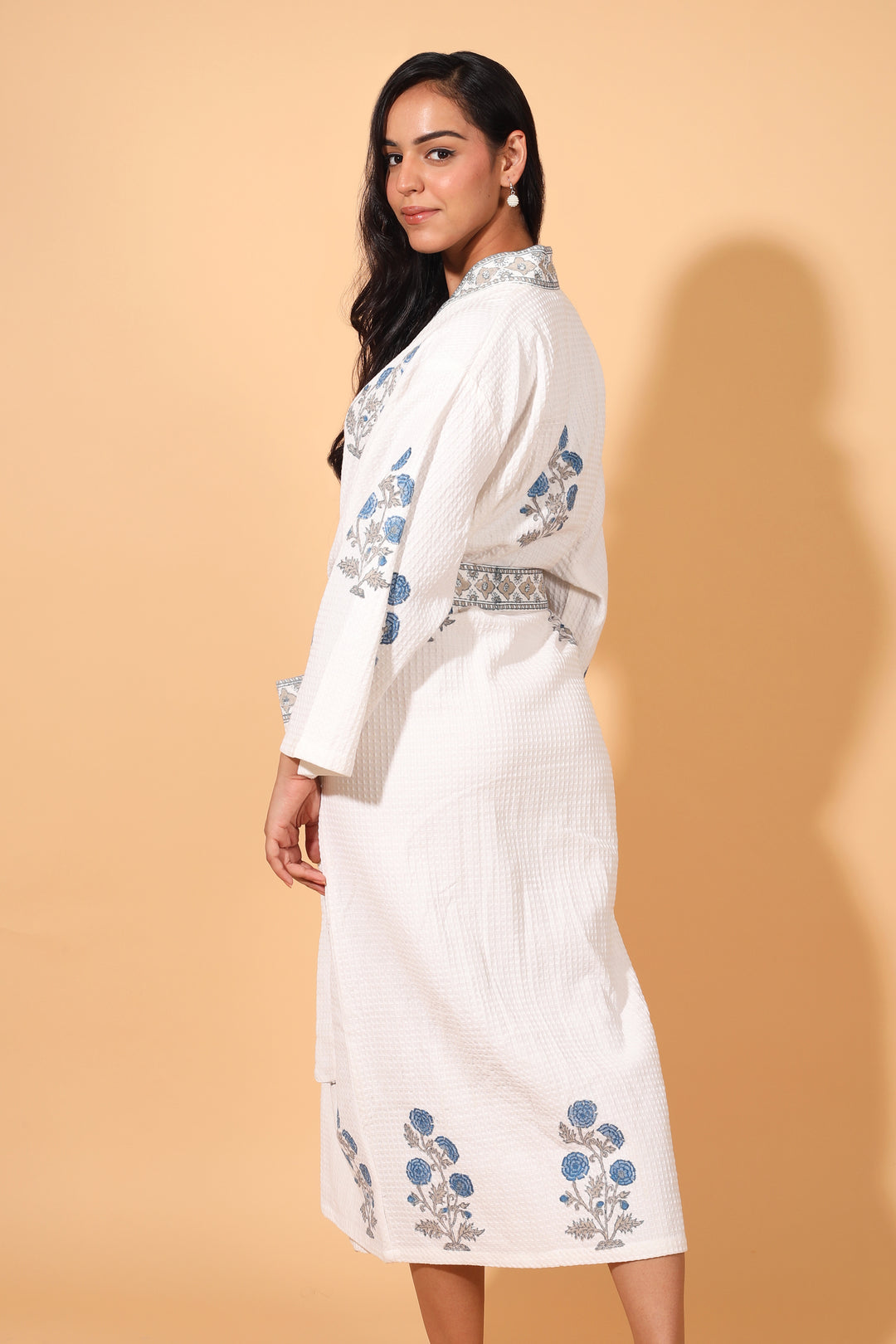 Personalized Block print Waffle Cotton bath robes for women - Blue