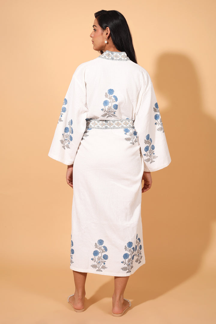 Block print Waffle Cotton bath robes for women - Blue Floral