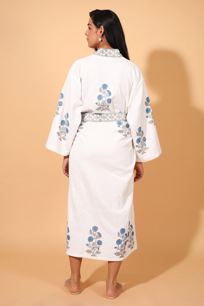 Block print Waffle Cotton bath robes for women - Blue Blush