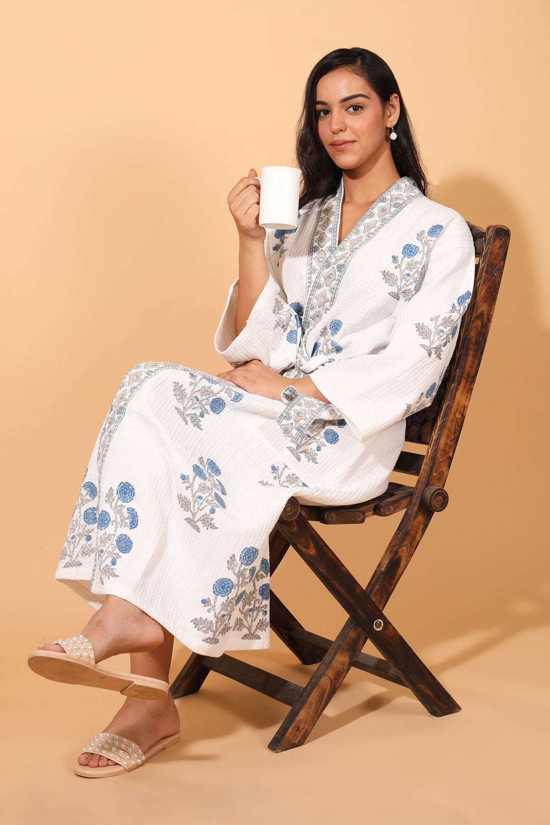 Personalized Block print Waffle Cotton bath robes for women - Blue