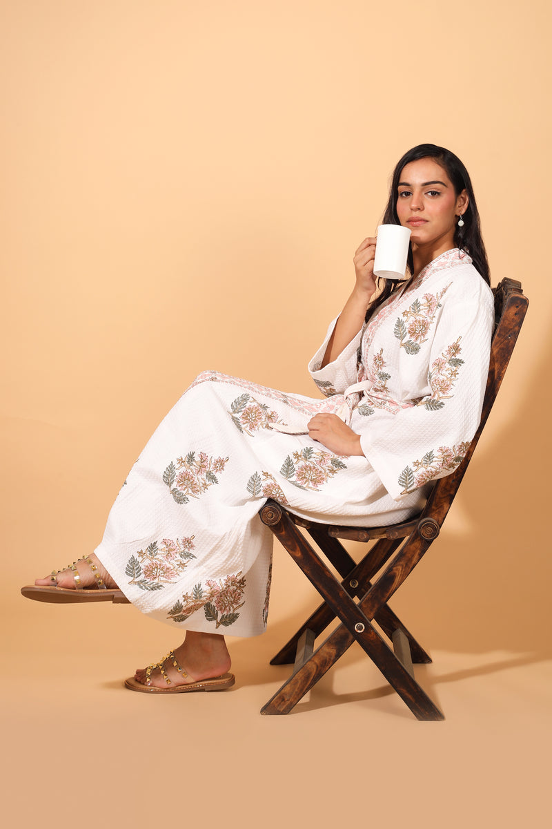 Block print Waffle Cotton bath robes for women - Peach Blush