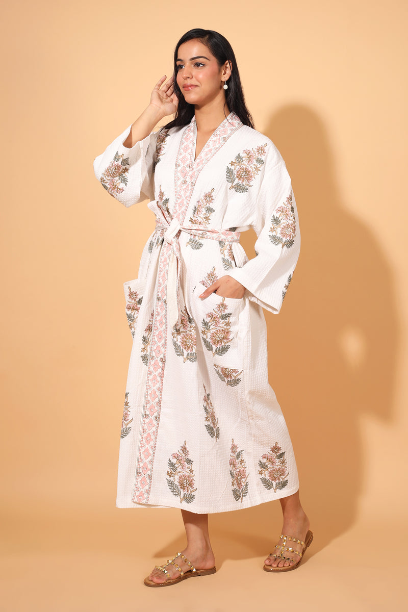 Block print Waffle Cotton bath robes for women - Peach Blush