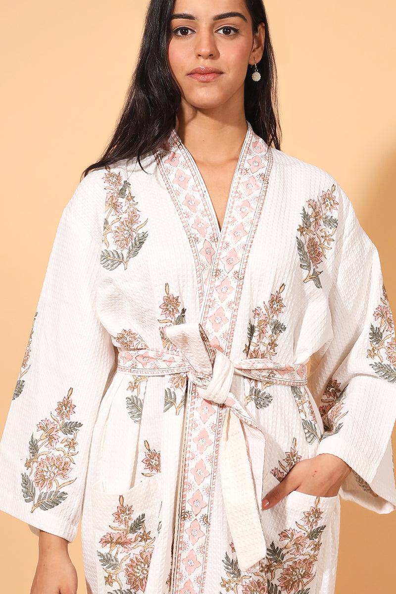 Block print Waffle Cotton bath robes for women - Peach Blush