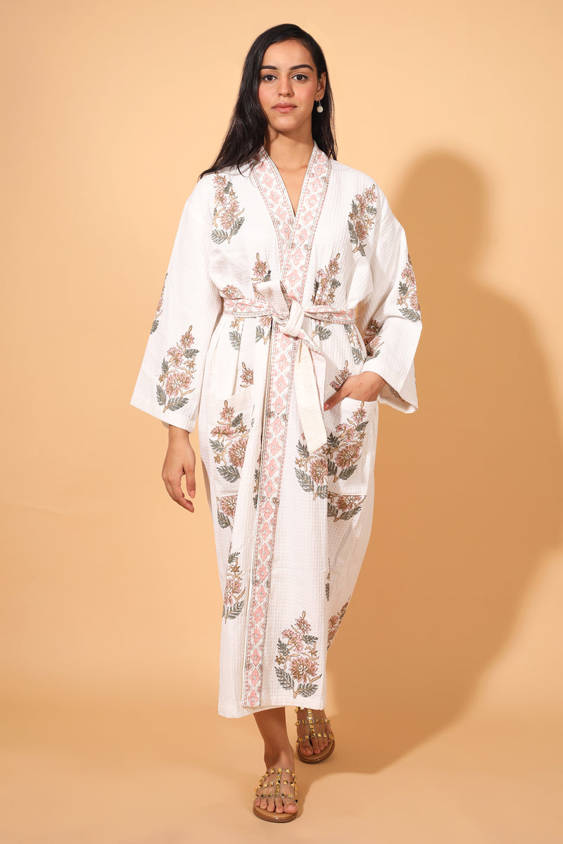 Block print Waffle Cotton bath robes for women - Peach Blush