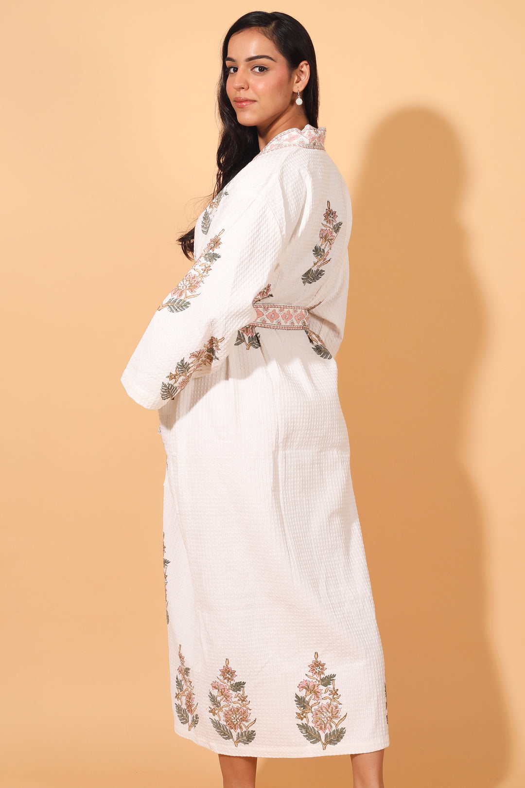 Block print Waffle Cotton bath robes for women - Peach Blush