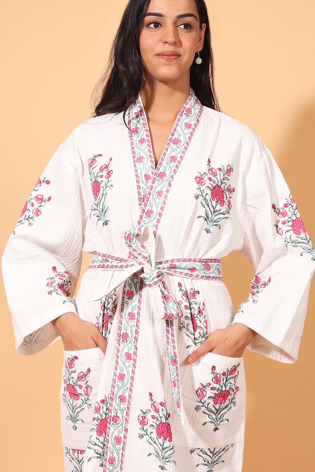 Block print Waffle Cotton bath robes for women - Pink Blush