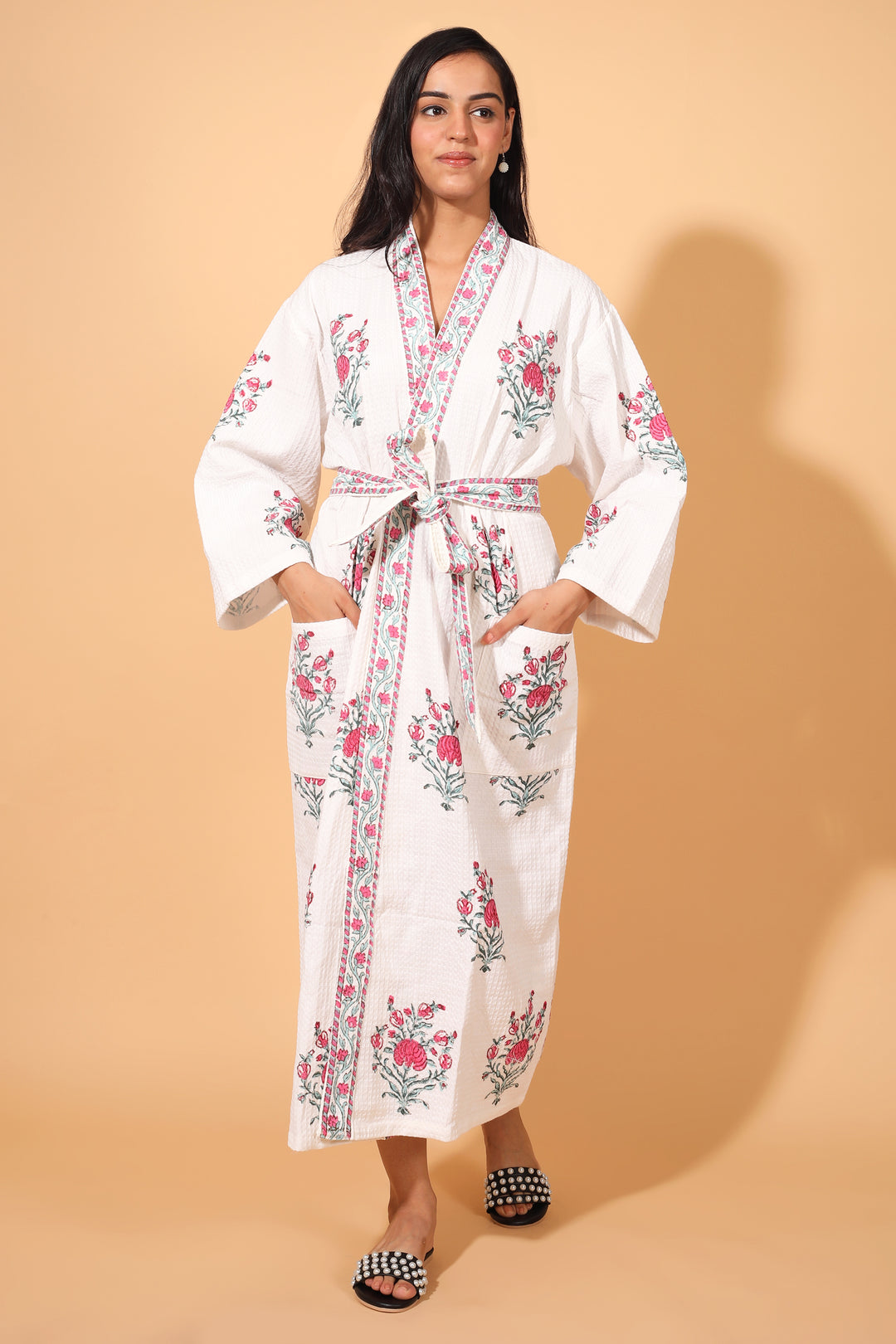 Block print Waffle Cotton bath robes for women - Pink Blush