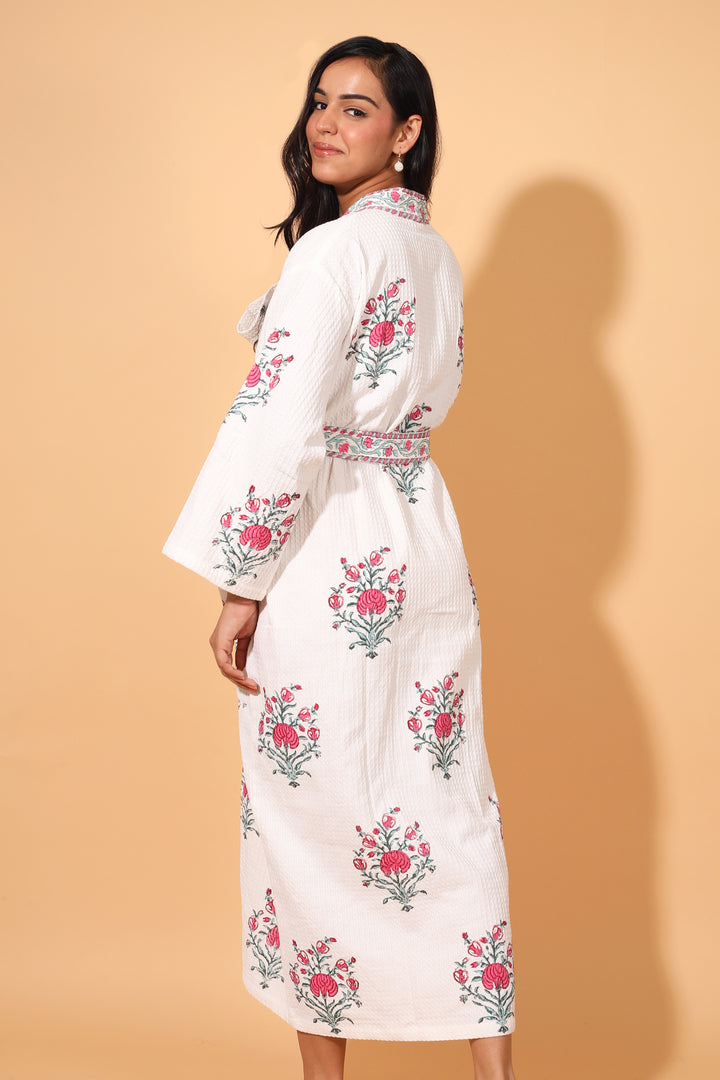 Block print Waffle Cotton bath robes for women - Pink Blush