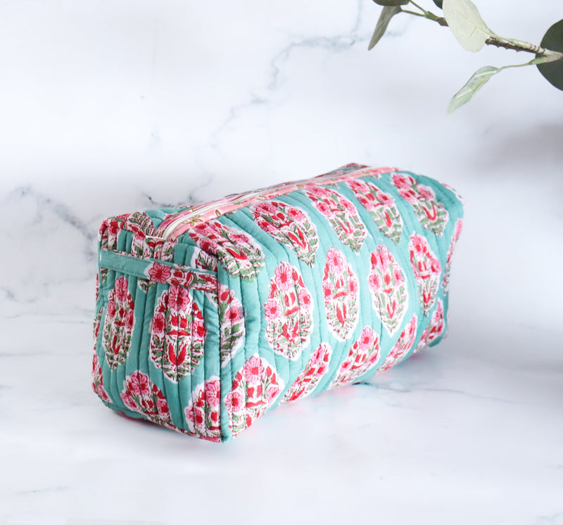 Personalized Makeup bags - Block print cosmetic bag - Quilted toiletry pouch with name