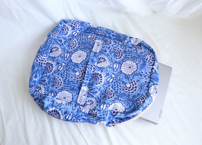 Quilted block print back pack - Laptop back pack - Blue carnations