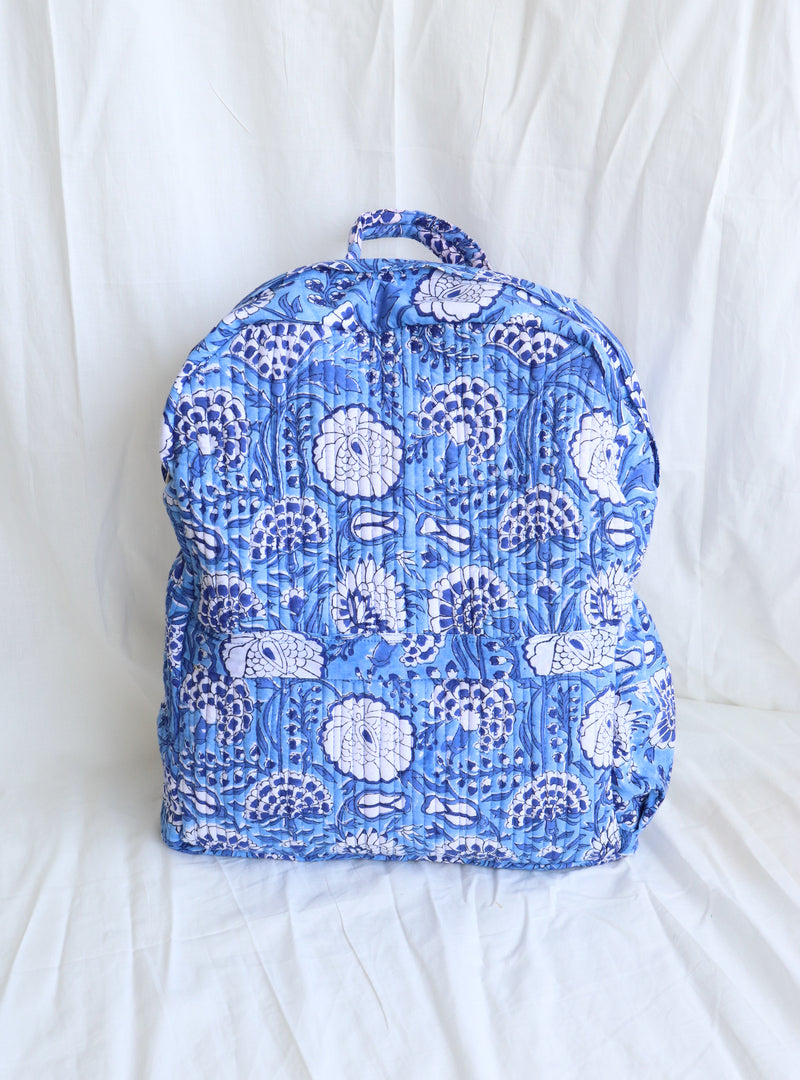 Quilted block print back pack - Laptop back pack - Blue carnations