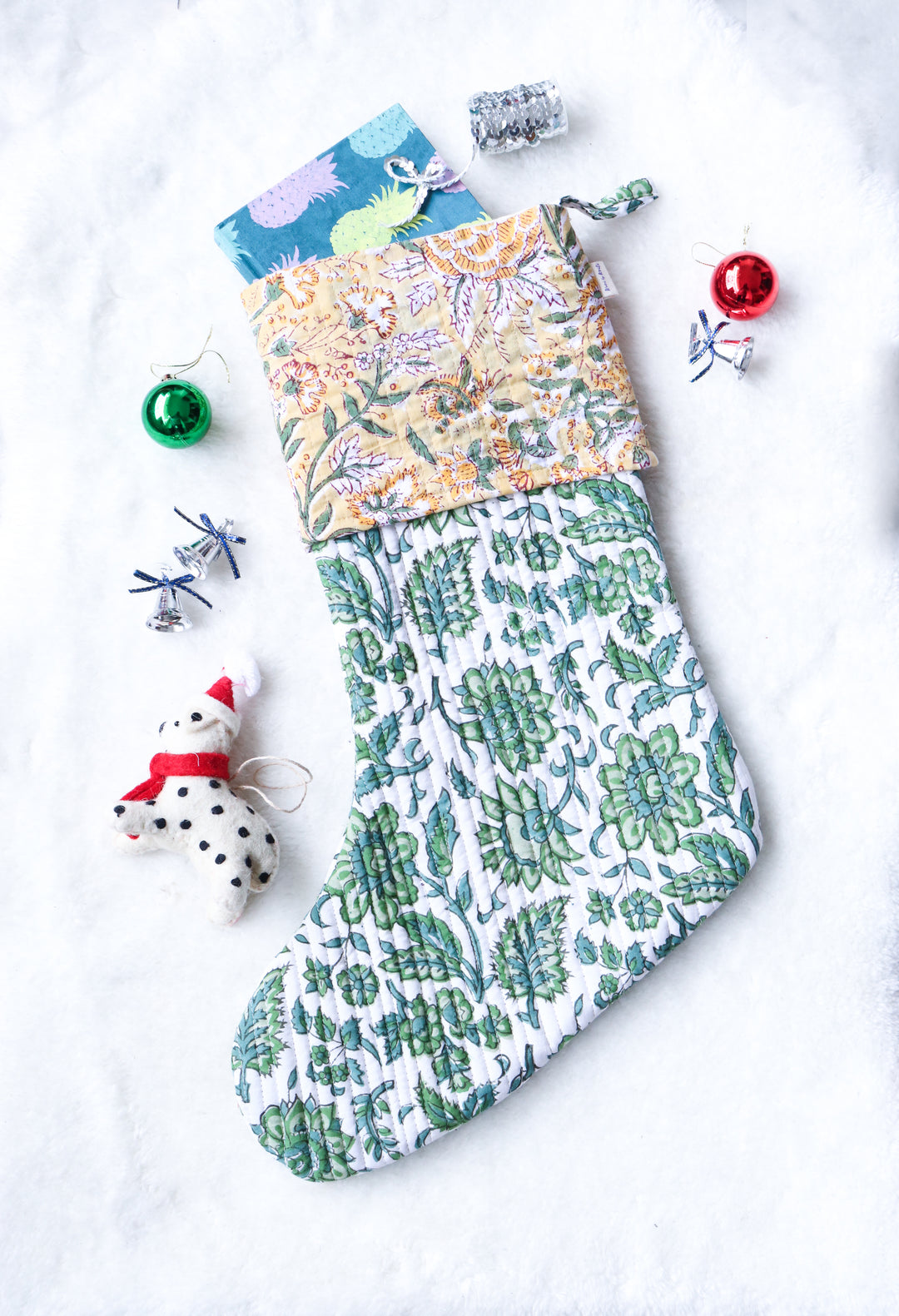 Block print Christmas stockings - Quilted Christmas Decoration - Mistletoe