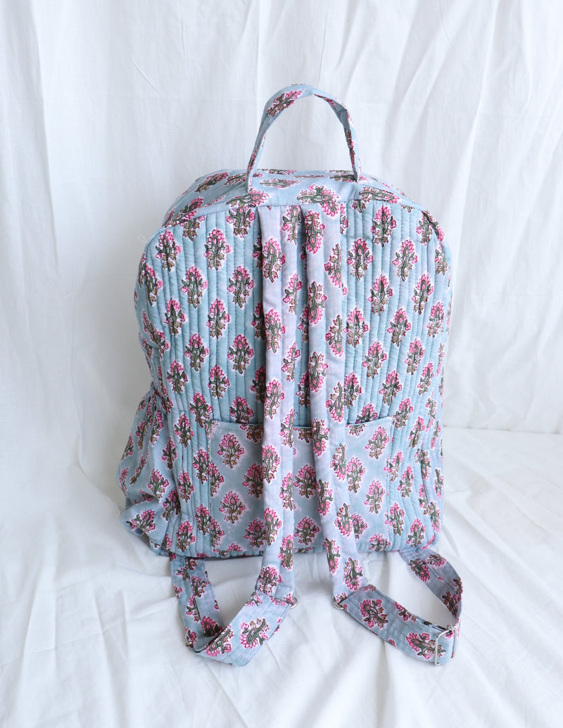 Quilted block print back pack - Laptop back pack - Ditsy Turquoise