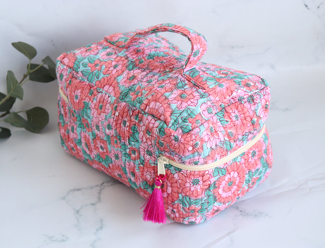 Handcrafted Vanity Bag for Women - Hand block printed - Little Pink flowers