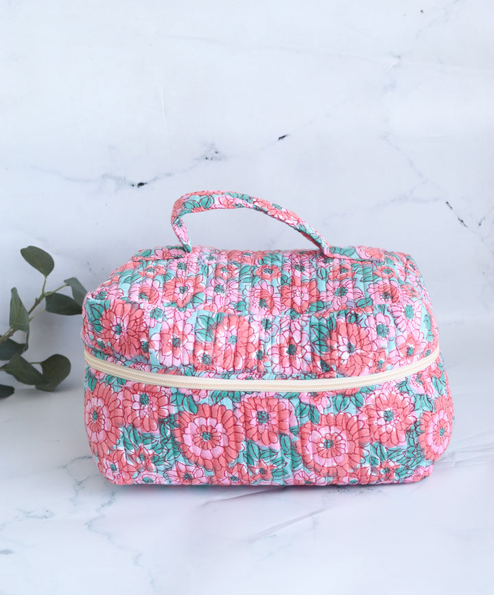 Handcrafted Vanity Bag for Women - Hand block printed - Little Pink flowers