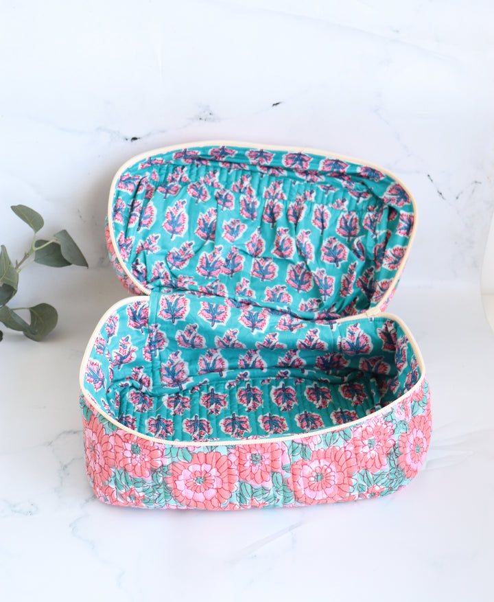 Handcrafted Vanity Bag for Women - Hand block printed - Little Pink flowers