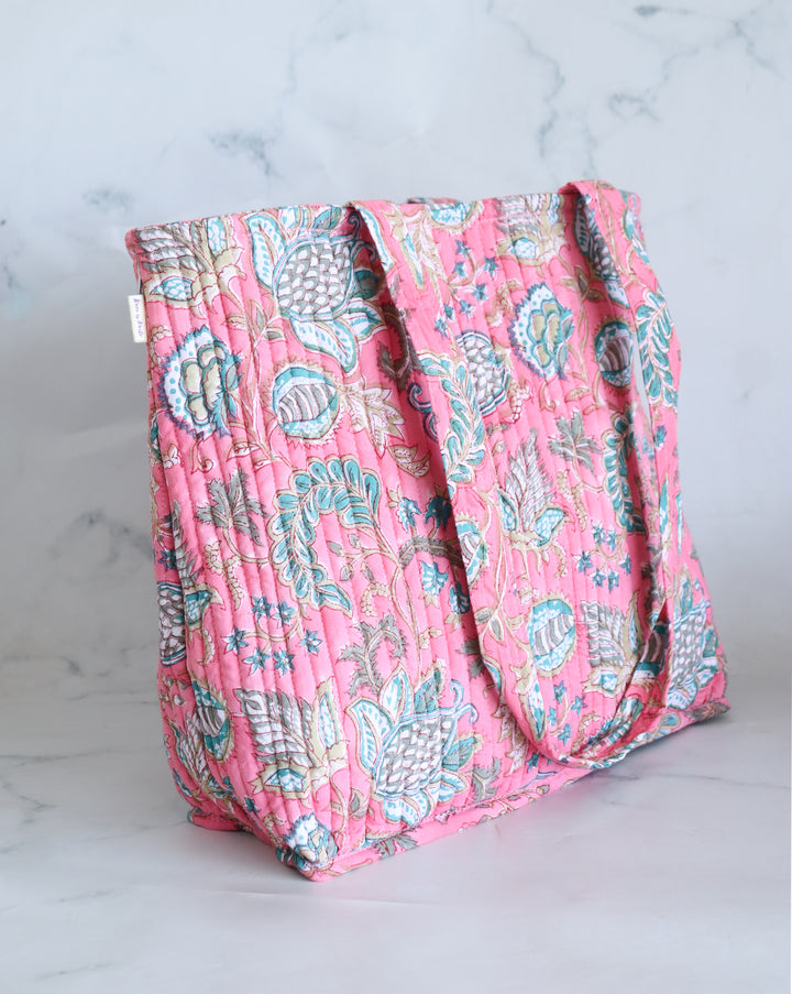 Block print tote bag - Boho quilted women's bags - Women's handbag - Pink Floral