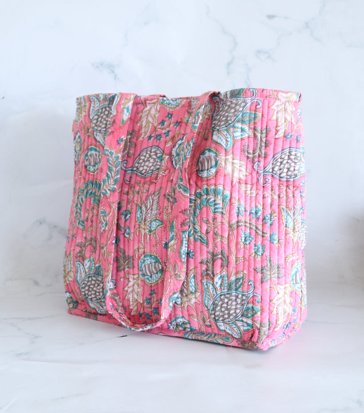 Block print tote bag - Boho quilted women's bags - Women's handbag - Pink Floral