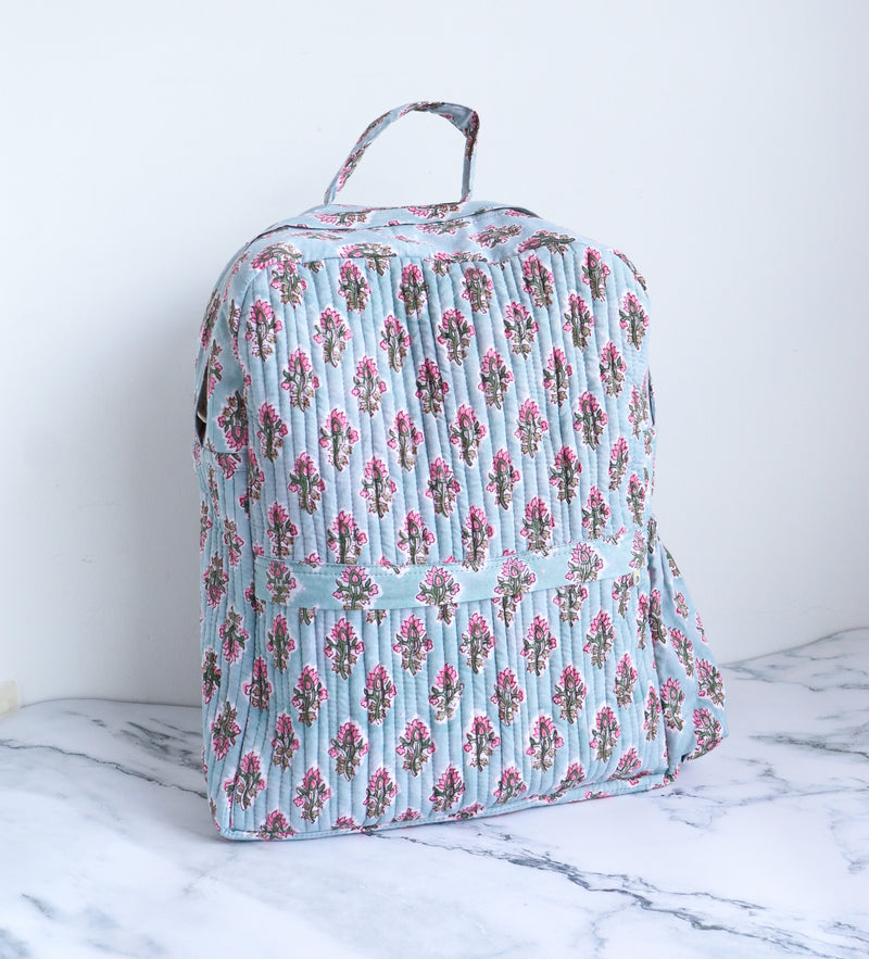 Quilted block print back pack - Laptop back pack - Ditsy Turquoise