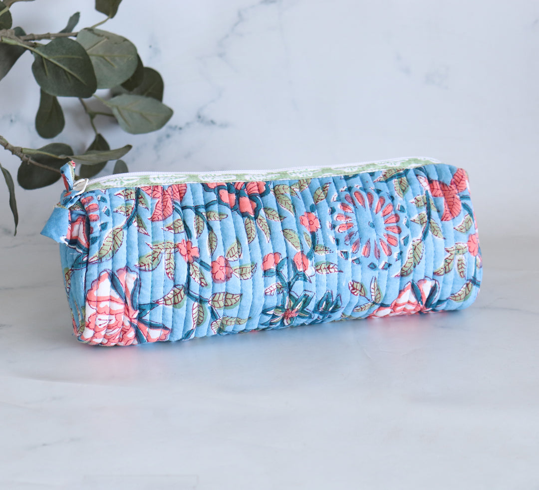 Quilted round pencil cases - Block print pouches - Blue floral