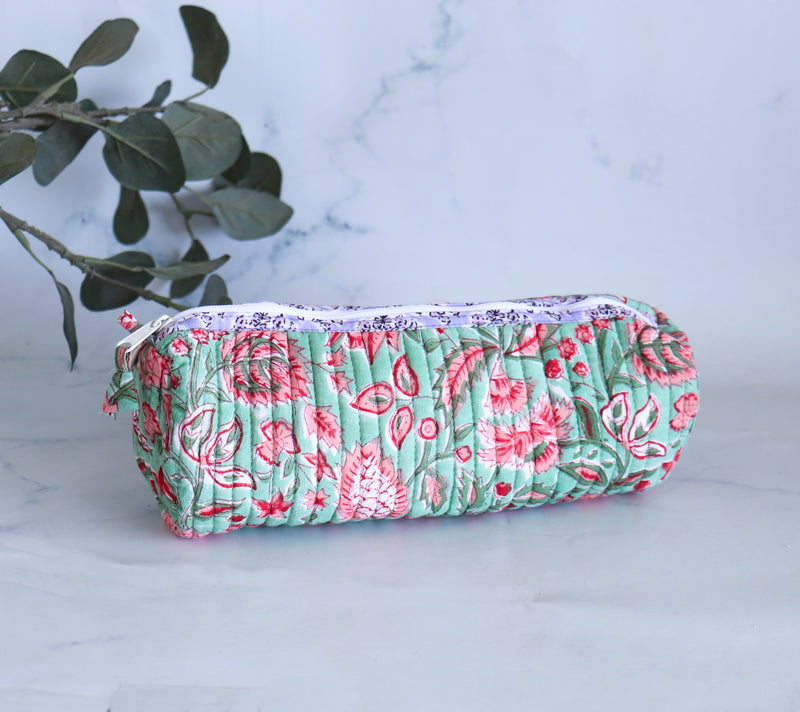 Quilted round pencil cases - Block print pouches - Green floral