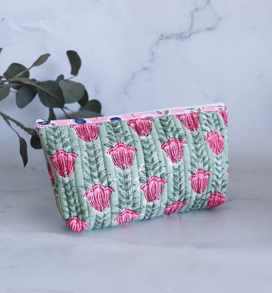 Quilted utility pouches - Block print pencil pouches - Green floral