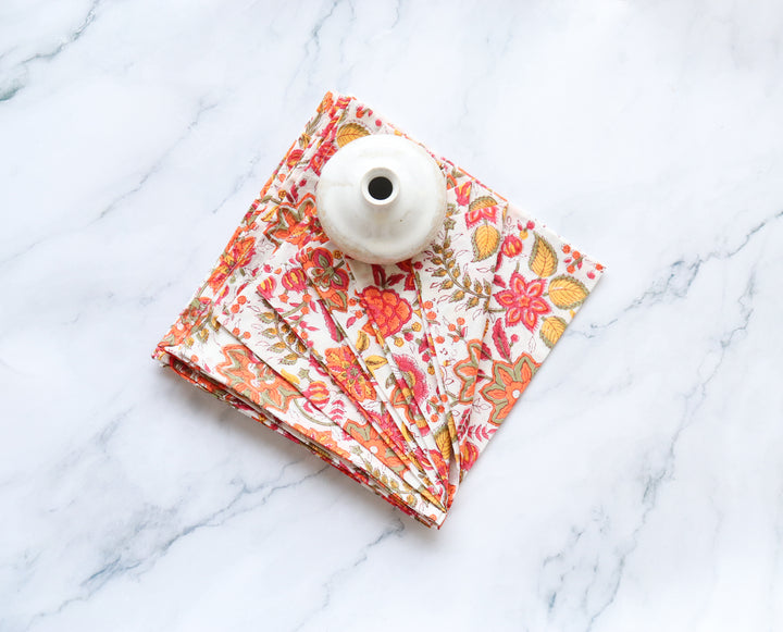 Orange blossom Block print napkins - Light weight dinner napkins - set of 6 napkins - Matching Print