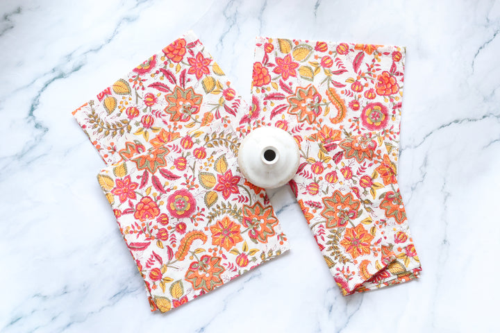 Orange blossom Block print napkins - Light weight dinner napkins - set of 6 napkins - Matching Print