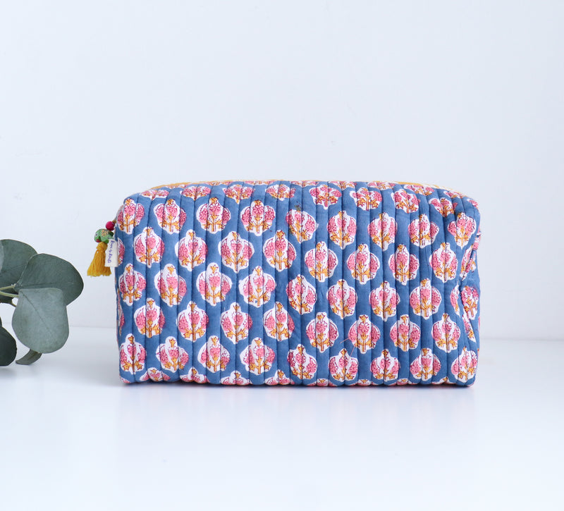 Large Cosmetic bag - Makeup bag - Block print fabric travel pouch- Blue daisies