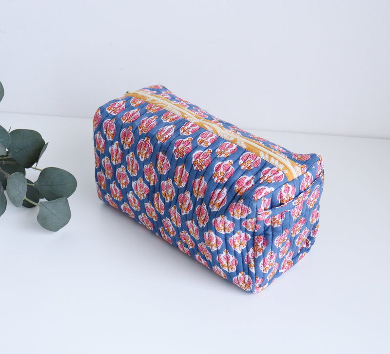 Large Cosmetic bag - Makeup bag - Block print fabric travel pouch- Blue daisies