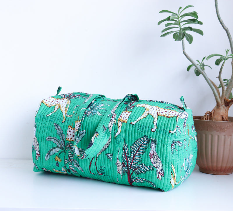 Dark Green Safari print weekender bag - Boho quilted bags - Overnight duffle bags