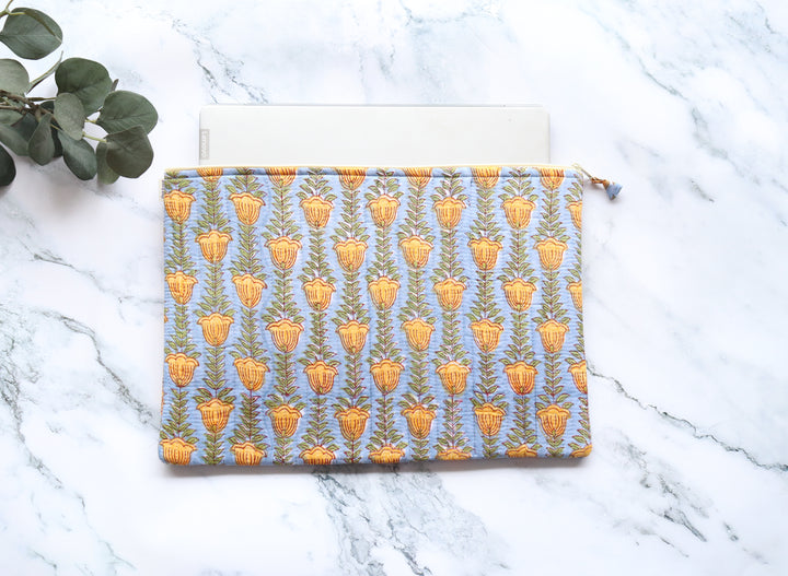 Block print Laptop sleeves - Quilted Laptop cover - 13 inch, 14 inch & 15 inch - Blue and yellow tulips