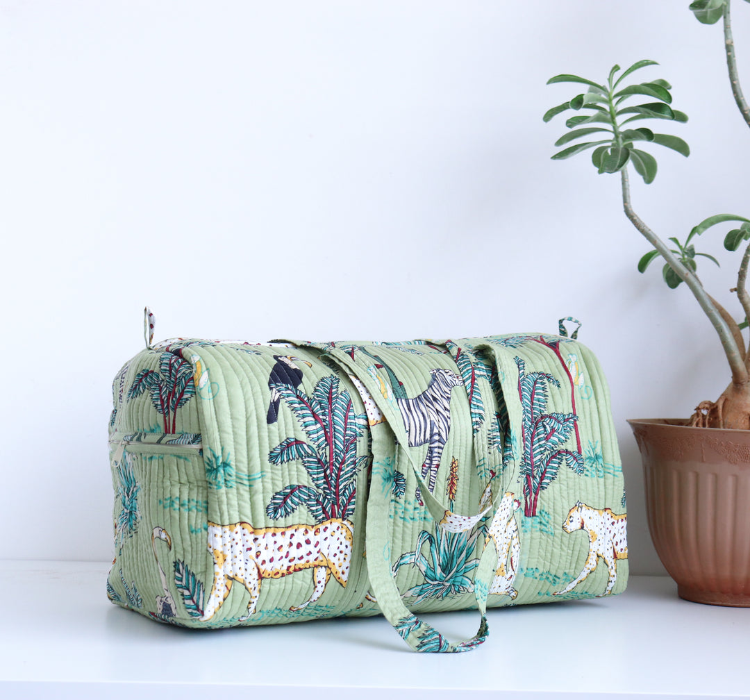 Sage green Safari print weekender bag - Boho quilted bags - Overnight duffle bags