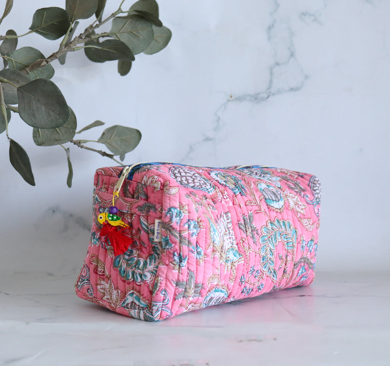 Large Cosmetic bag - Makeup bag - Block print fabric travel pouch-  Pink ditsy